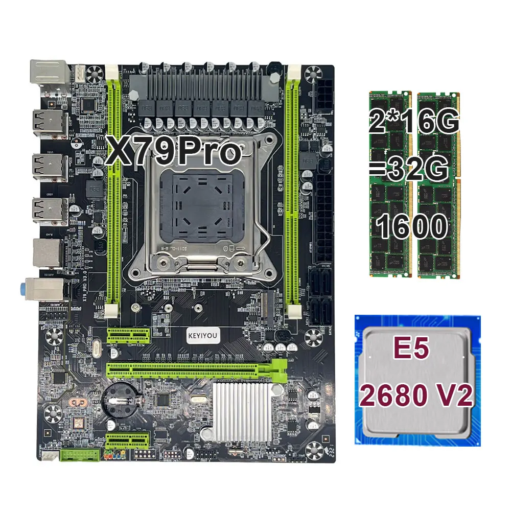 

KEYIYOU LGA 2011 V1 V2 X79 Pro motherboard Set with 32GB(2*16) DDR3 ECC REG RAM XEON kit Xeon E5 2680 V2 Cache 8 GT/s LGA 2011