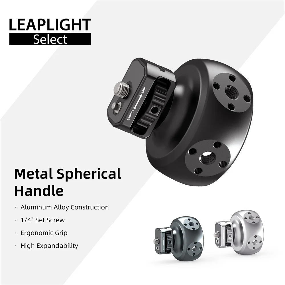 LEAPLIGHT Testa a sfera in alluminio con impugnatura a forma di L per treppiede, attacco cold shoe da 1/4", staffa orizzontale, stabilizzatore portati