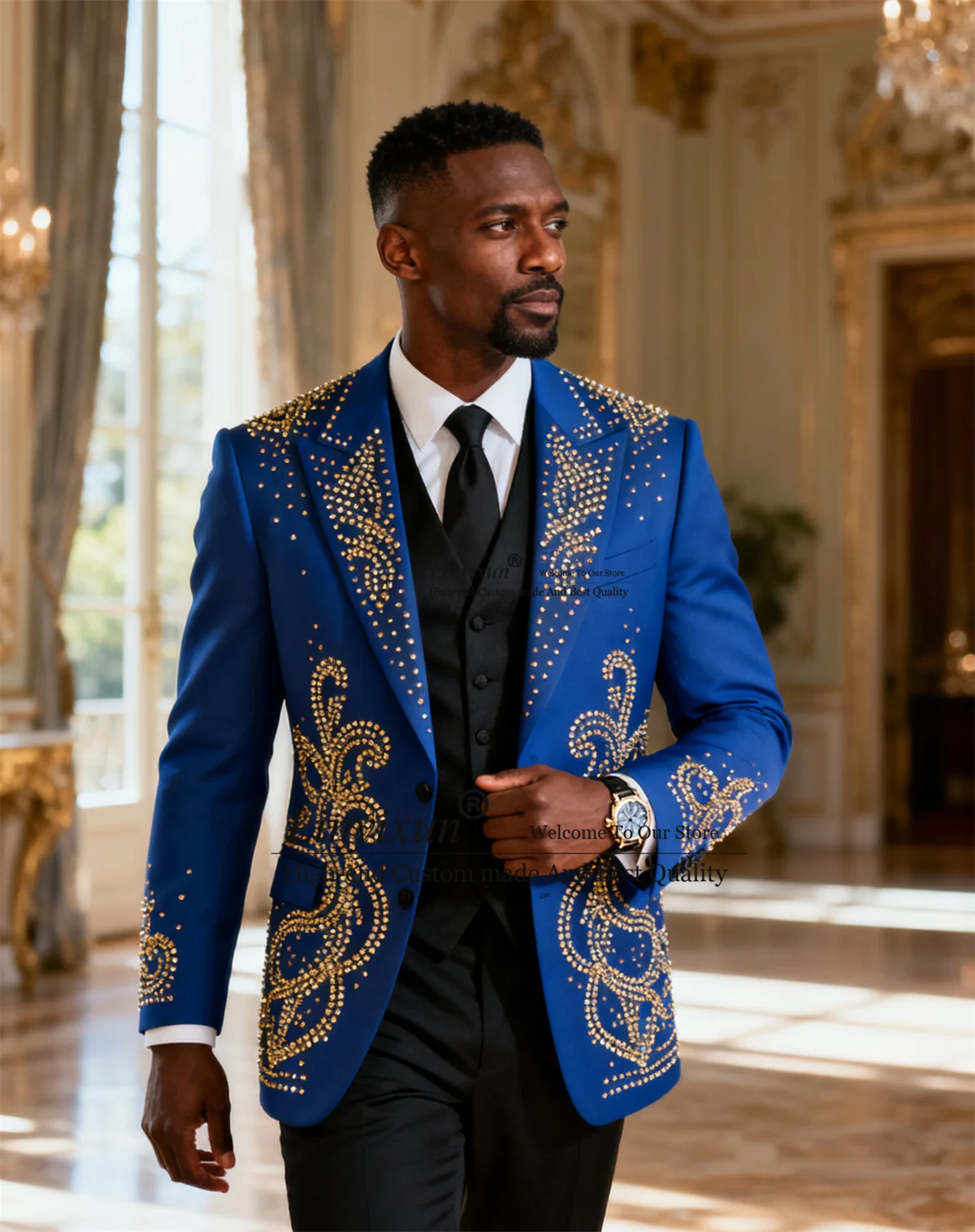 

Handsome Slim Fit Men Suits Rhinestones Beaded Wedding Tuxedos Formal Peaked Lapel Ropa hombre 3 Pieces Sets Groom Male Blazers