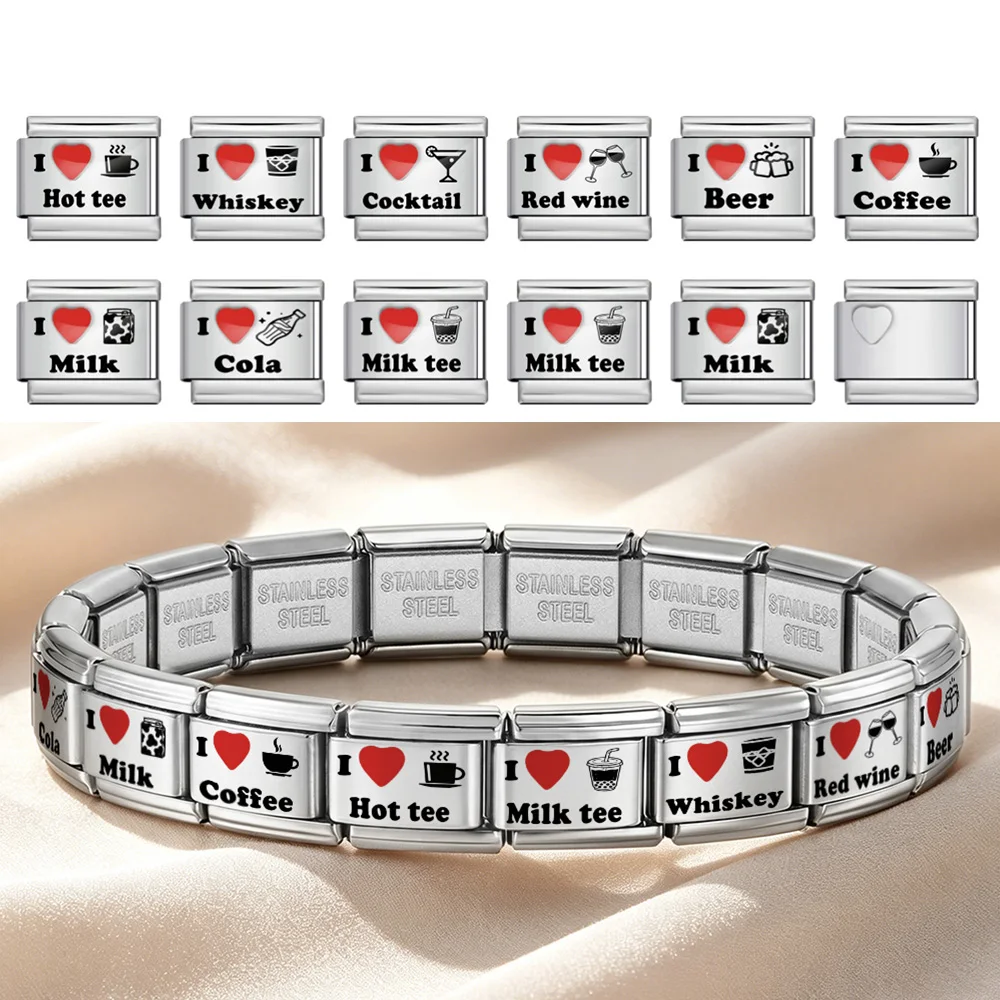Fashion Italian Charm Link I Love Red Wine Beer Milk Tee Cocktail Stainless Steel 9mm Laser Engraved Heart Jewelry Making DIY
