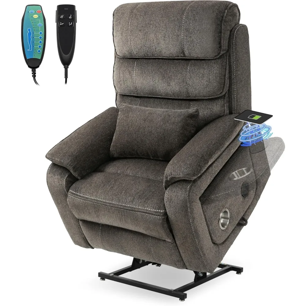 

Lift Chair Lay Flat Recliner Heat Massage Dual Motor Infinite Position Power Recliners with Wireless Charger Chenille Fabric