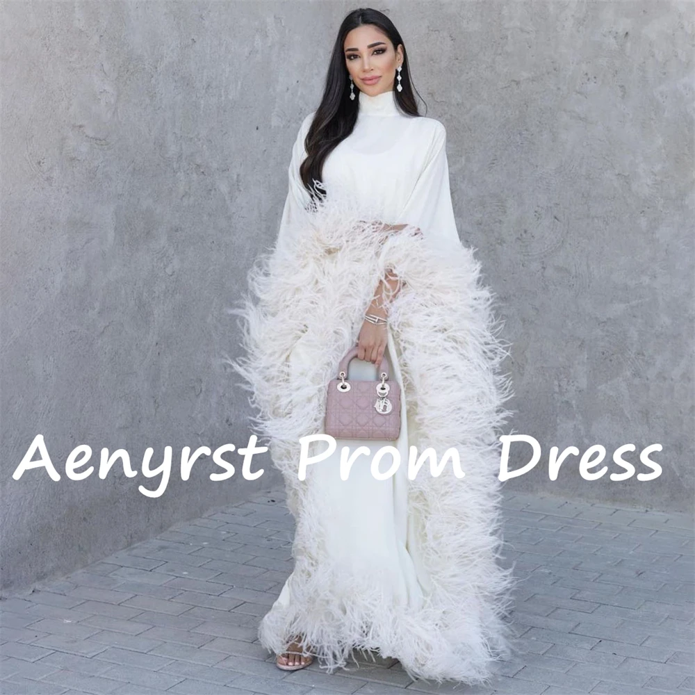 Aenyrst Feathers High Collar Saudi customized Evening Dresses A Line Satin Prom Dress Women Floor Length Formal Occasion Gowns