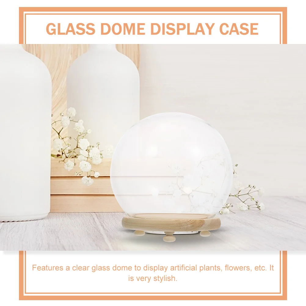 Glass Dome Flower Display Cover Preserved Plant Protective Clear Glass Cover Wood Base for Home Shop Party Decoration