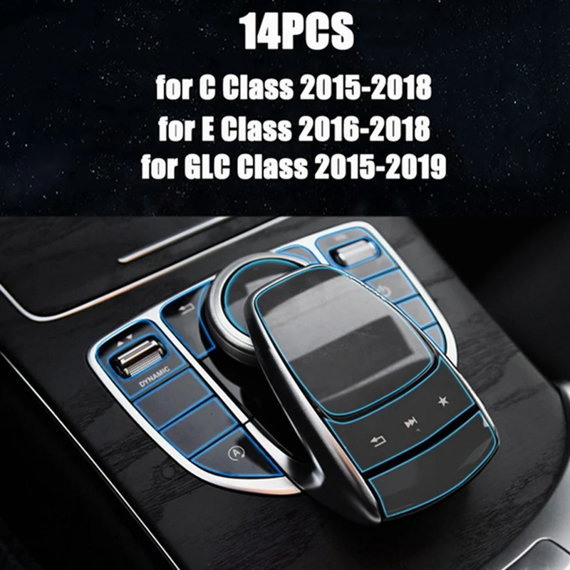 14Pcs Central Control Media Button Mouse Screen TPU Protector Film for Mercedes Benz C E GLC W213 W205 X253 2015-2019