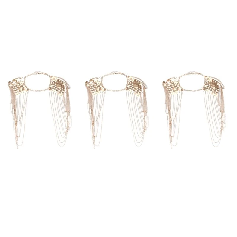 3X Vintage Punk Harness Bikini Body Link Epaulet Shoulder Chain Necklace Collar Dangling Tassel Gold