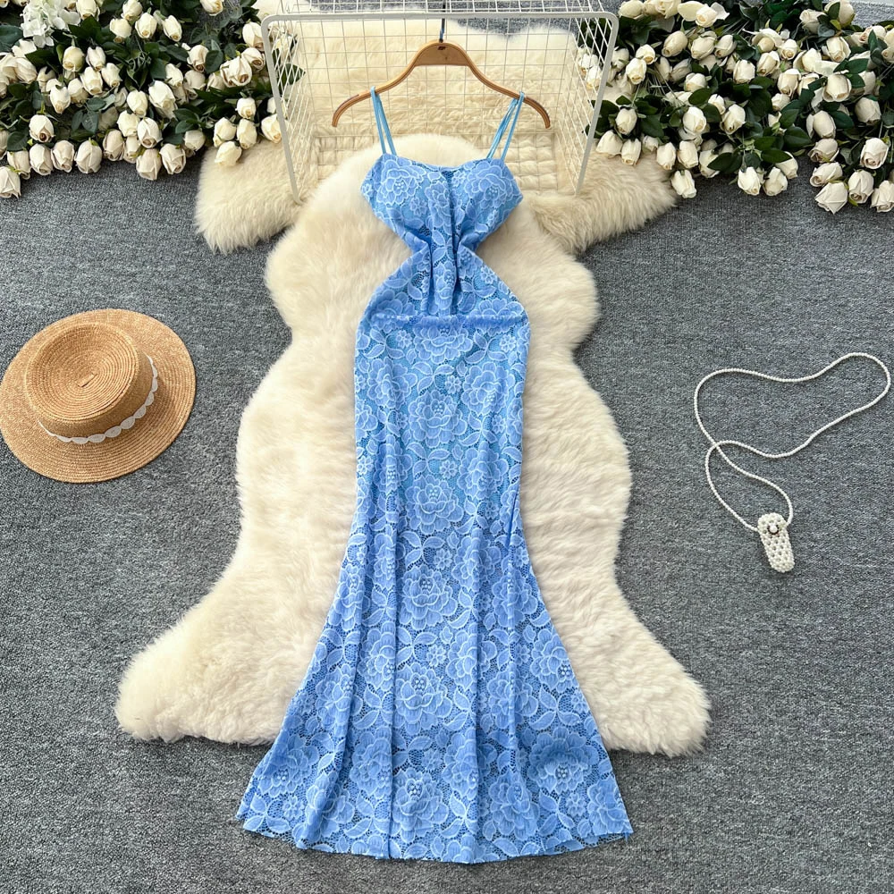 High-end ชุดสตรีหรูหรา Socialite Heavy Cutout โครเชต์ลูกไม้ Camisole ชุดสตรีภาษาฝรั่งเศสคําเอว-cinching ชุดยาว