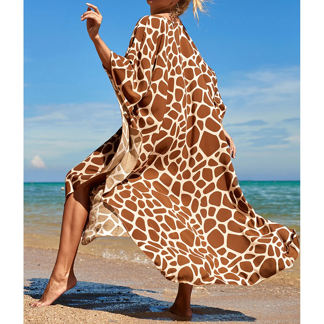 Sexy Tunika mit Zebra-Muster und V-Ausschnitt, Strandkleid, Strandmode, langes Strandkleid für Damen, V4159 – Detail 20