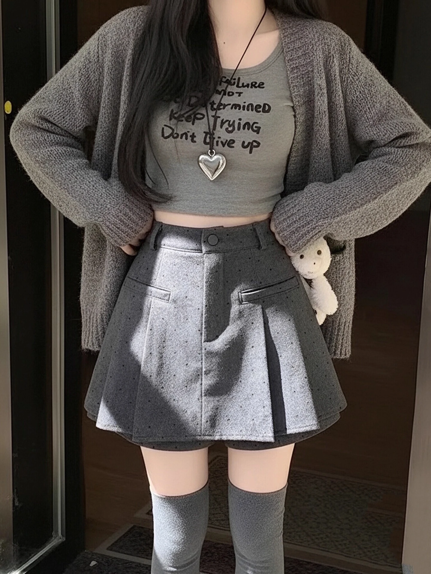 plus Size High Waist Thickened Grey Polka Dot Anti-Light Skirt Women's Autumn Winter Fashion Half-length Skirt Slimming Effect