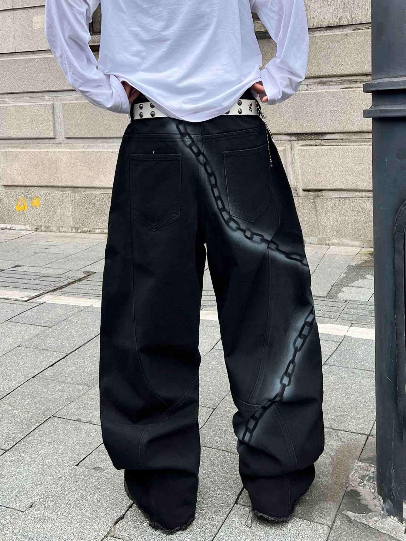 High-Street Heavyweight Chain Print Hand-Painted Men's Loose Wide-Leg Jeans,Versatile Men Trousers,Belt/Accessories Not Include