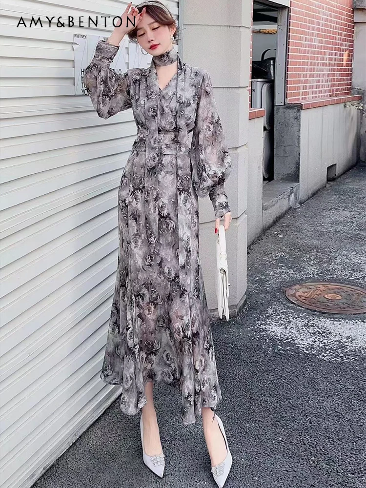 Pastoral Style Chiffon Long-Sleeved Printed Midi Dress Spring Autumn Fashion Elegant Slim Fishtail Dress Sexy All-Match Dresses