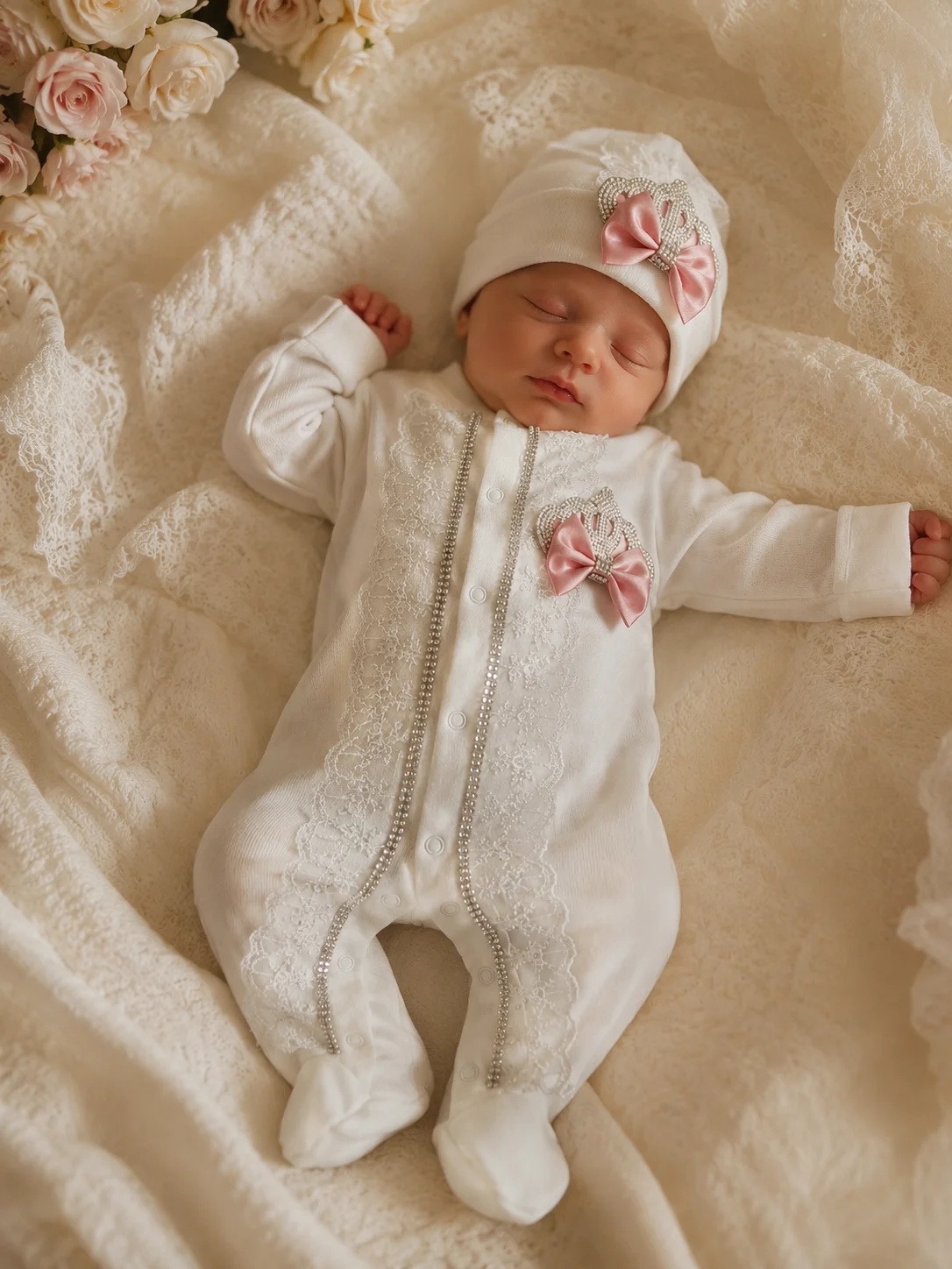 Pink Bow Rhinestone Crown Infant Footed Jumpsuit 3 Pieces Set Breathable Lace Baby Girls Baptism Birthday Outfit