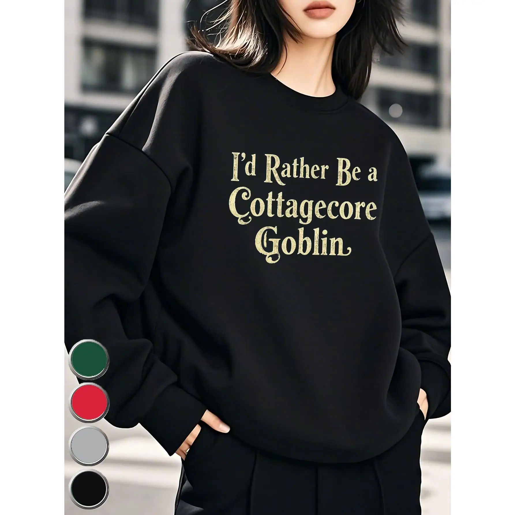 

Cottagecore Goblin Graphic Sweatshirt, Aesthetic Letter Print Crewneck Jumper, Funny Quote Top for Women