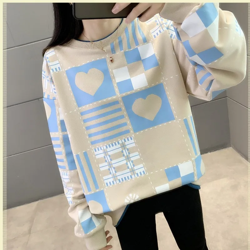 Spring Autumn Contrast Color Pullover Round Neck Geometric Printing Lantern Long Sleeve Office Lady Screw Thread Hoodies Tops