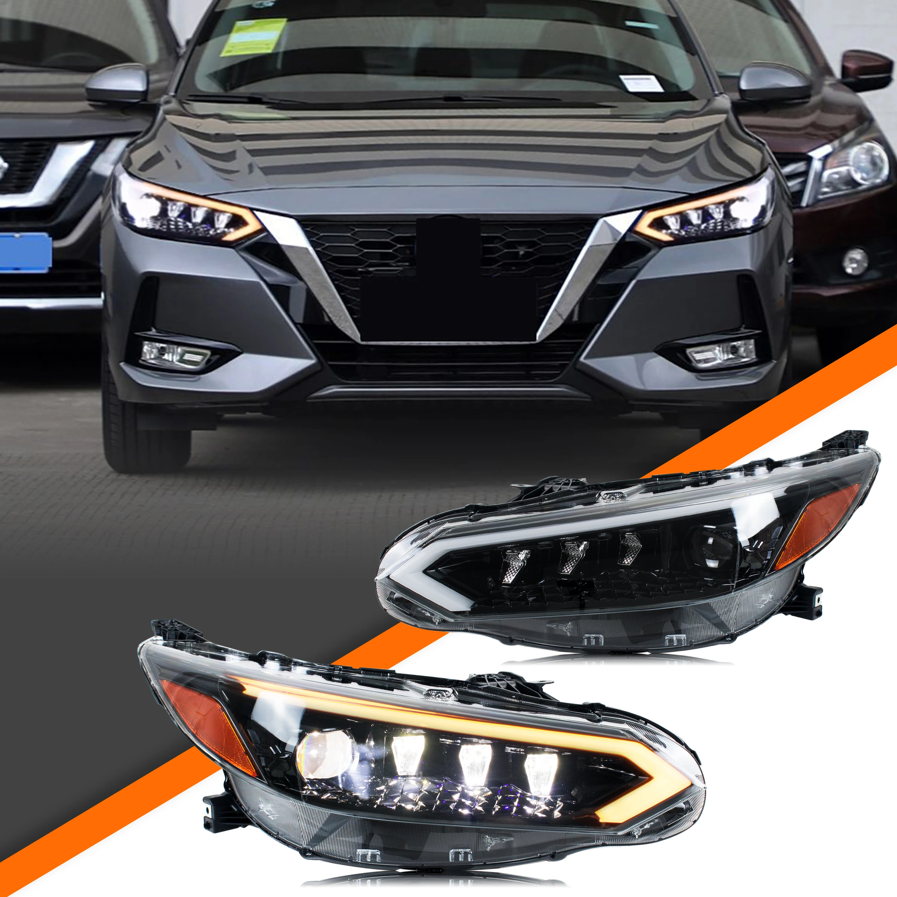 

Светодиодные фары для Nissan Sentra 2020-2027 B18 с ДХО, проектором, последовательным сигналом поворота, анимацией запуска, передние фары в сборе