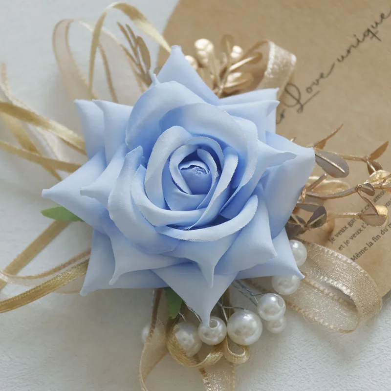 

Boutonniere And Wrist Corsage Wedding Flower Bouquet Western Style Artificial Rose Bride Groom Bridesmaid Man Supplies Blue