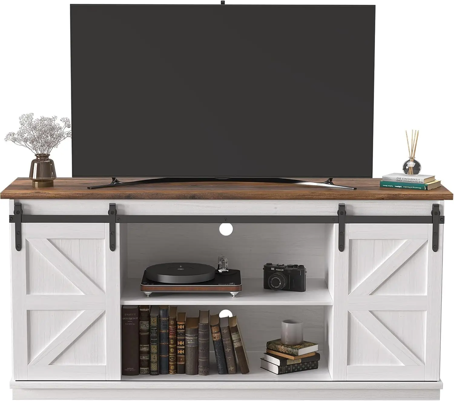 TV Stand for 65 Inch TV Center with Storage Cabinets and Sliding Barn Doors, Mid Century Modern Media TV