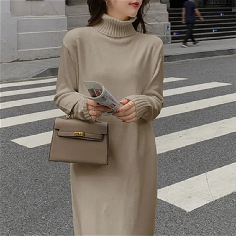 Autumn Winter Elegant Retro Women's Knitted Dress Casual Loose Solid Color Turtleneck Long Sleeved Dresses VestidosПлатьеЖенское
