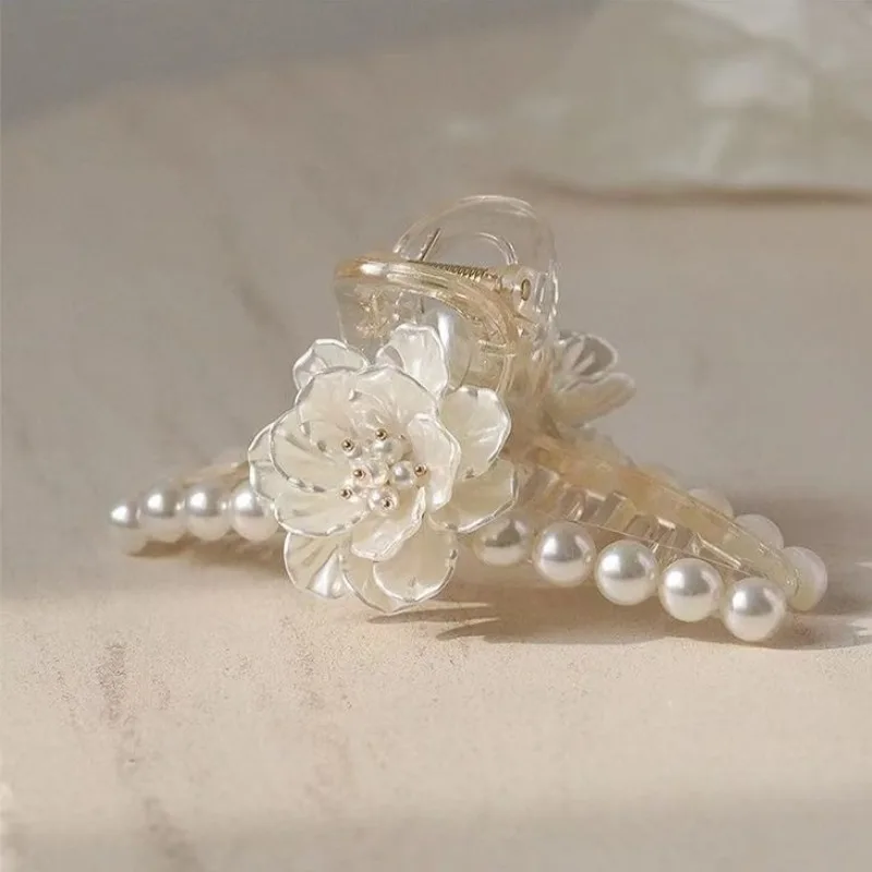 مشبك إمساك على شكل زهرة اللؤلؤ، مشبك شعر كبير على شكل قرش، دبوس شعر للرأس الخلفي