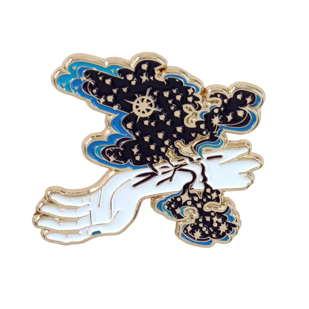 Alfileres esmaltados de cielo estrellado y mano, insignia de solapa de galaxia espacial, broche para amantes de la aventura al aire libre, joyería decorativa
