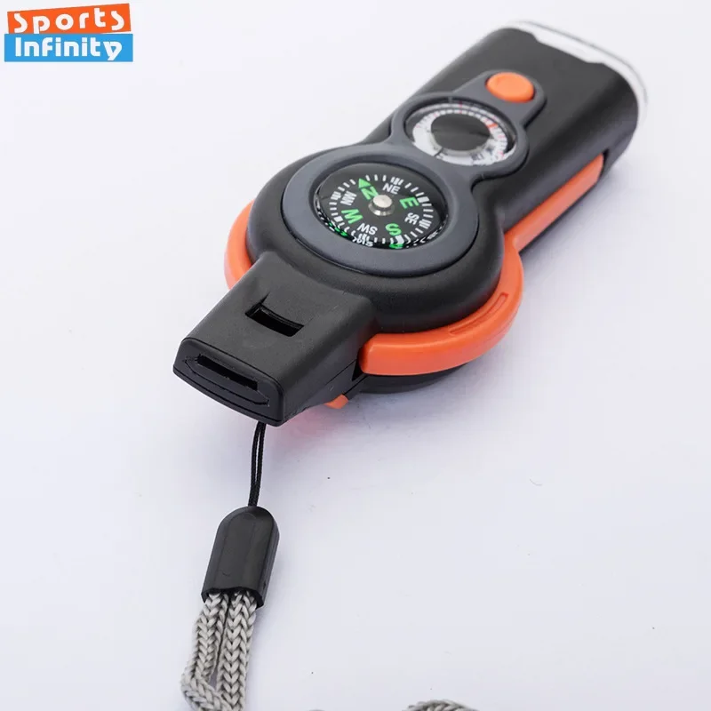 New 7 in 1 Survival Whistle High Decibel Rescue Whistle with LED Light Thermometer Compass Survival Reflective Signal Mirror