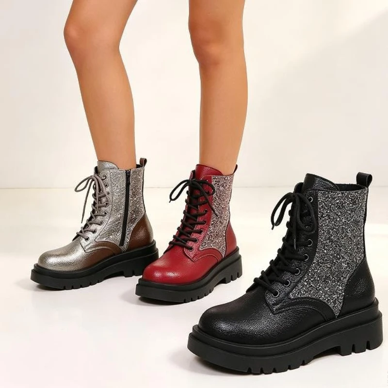 Spring Autumn Lace-up Women Ankle Boots 5.5cm Chunky Heel Platform Short Boots British Style New Thick Sole Sequined Party Shoes