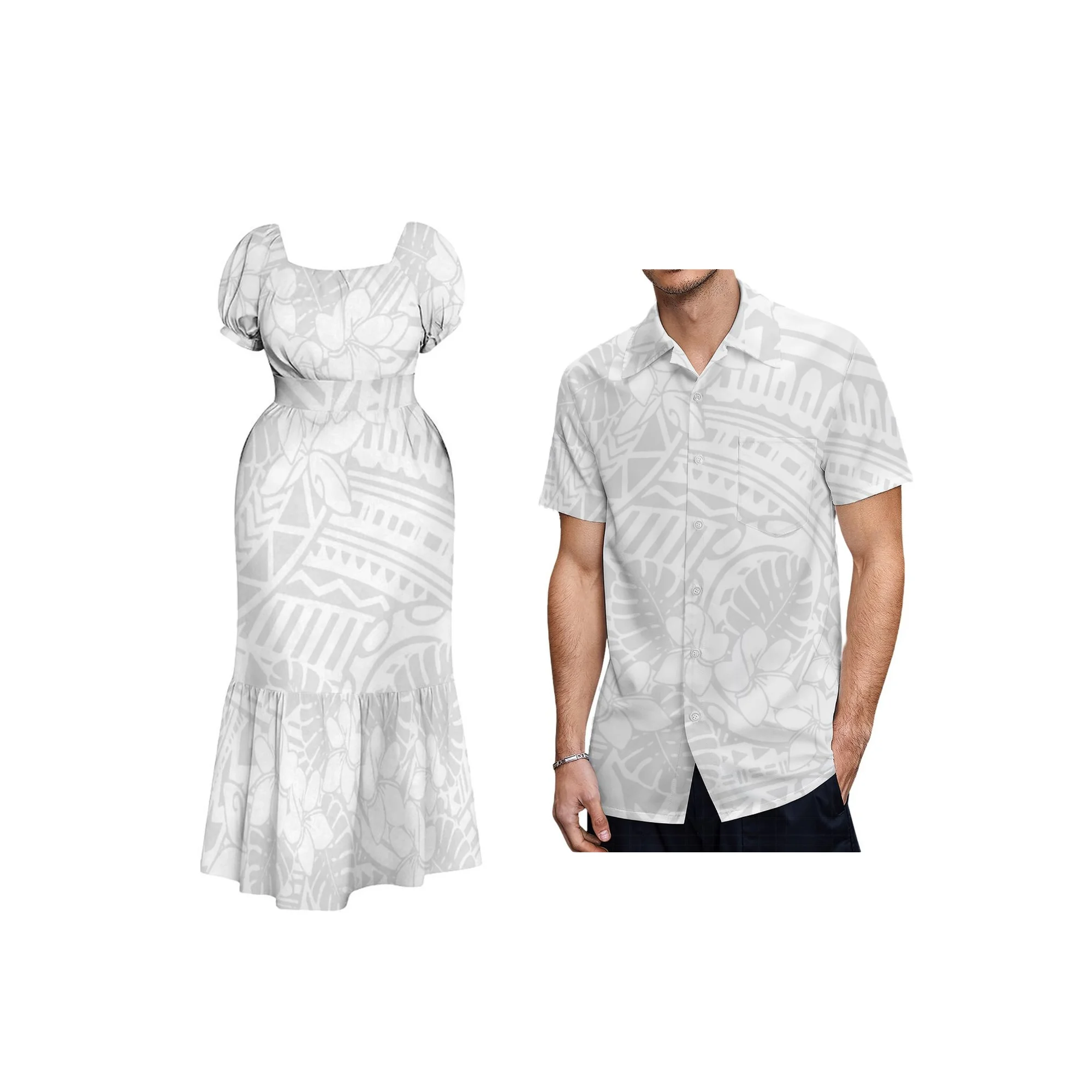 

Factory Outlet White Sunday Design Ladies High-Waist Lace-Up Oversize Dress Best Selling Polynesian Print Short Sleeve Dress
