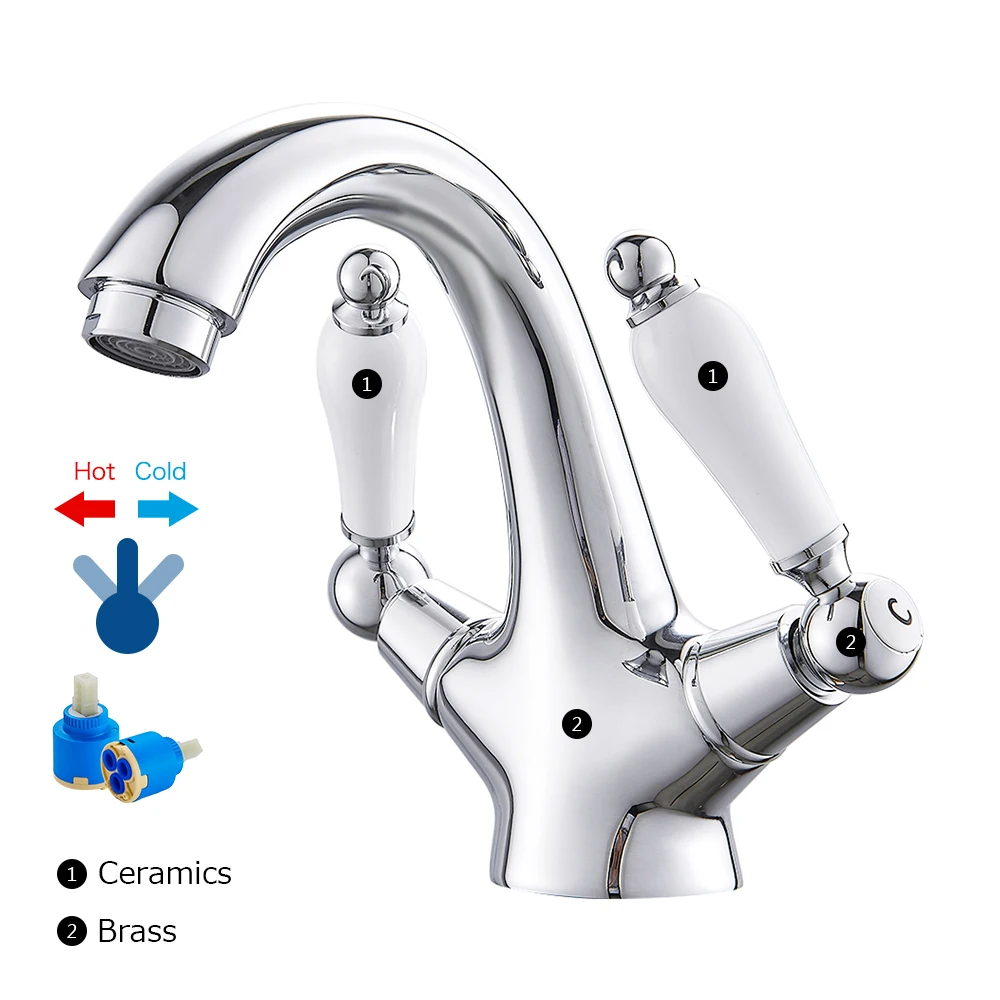 Solid Brass Chrome Plated Double Handle Control Hot and Cold Basin Mixer Taps Antique Faucet for Kitchen Bathroom Basin Mounted