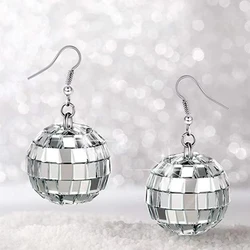 1 Pair 70s Silver Color Shiny Disco Ball Dangle Earrings for Women Cool Fashion Jewelry Retro Round Drop Earrings