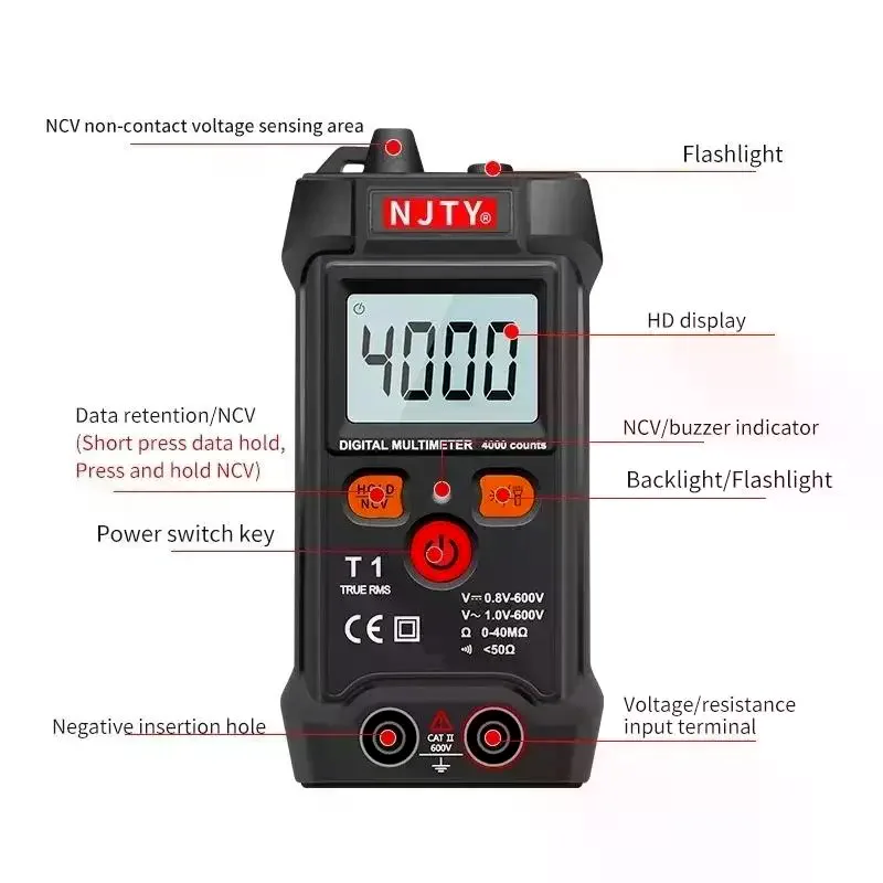 Digital Multimeter Tester Smart Mini RMS 4000 Counter Automatic Range Test Voltage Continuity Resistance NCV Household