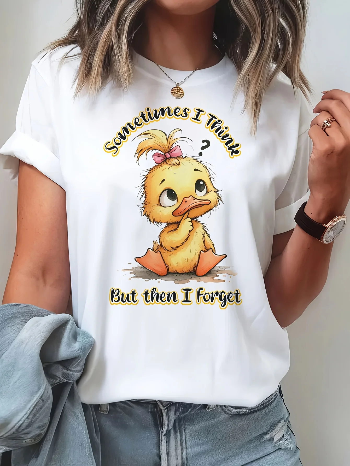 

Duck for THINK Forget Women's Graphic T-Shirt - Cute Cartoon Duck with "Sometimes I for THINK Too Much But Then I Forget" Print