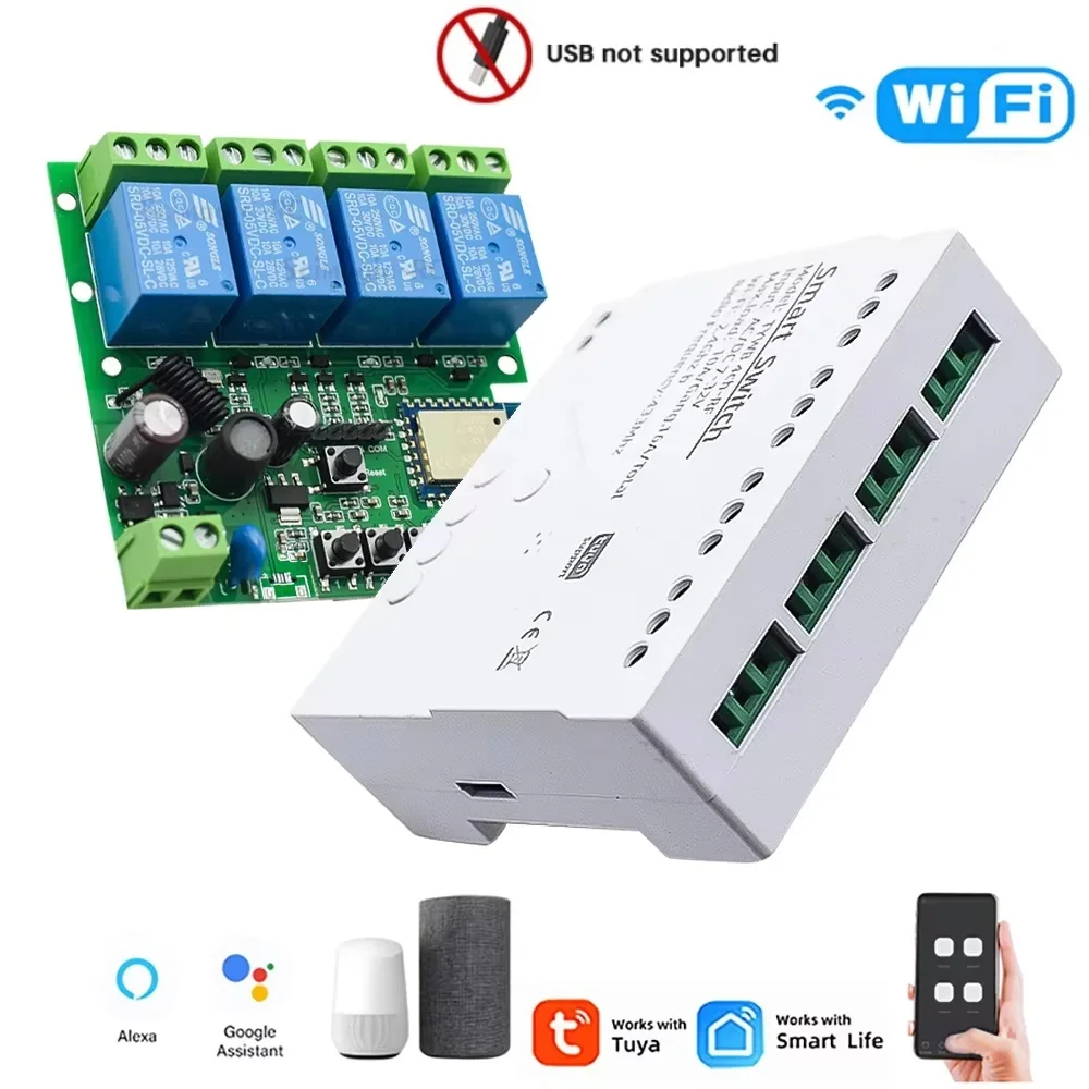 

4-канальный Wi-Fi релейный модуль Tuya, беспроводной умный выключатель, 4 канала, 7-32В, 2200Вт, RF433, 10А, 4-канальный приемник для Alexa