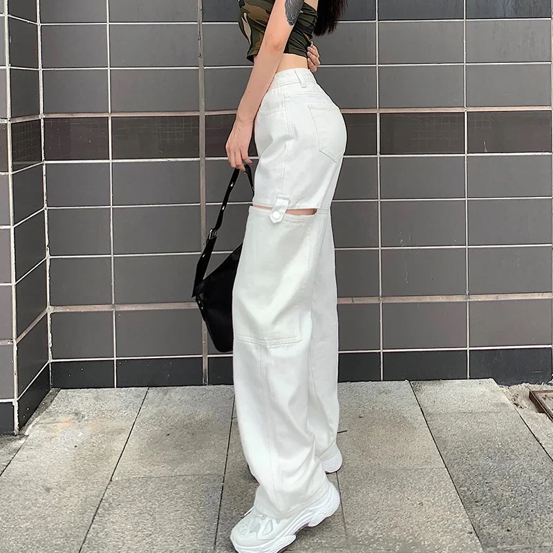 Women Vintage Boyfriend Style High Waist Mom Wide Leg Jeans Ripped Straight Jean Plus Size Hollow Out Denim Pants Street Trouser