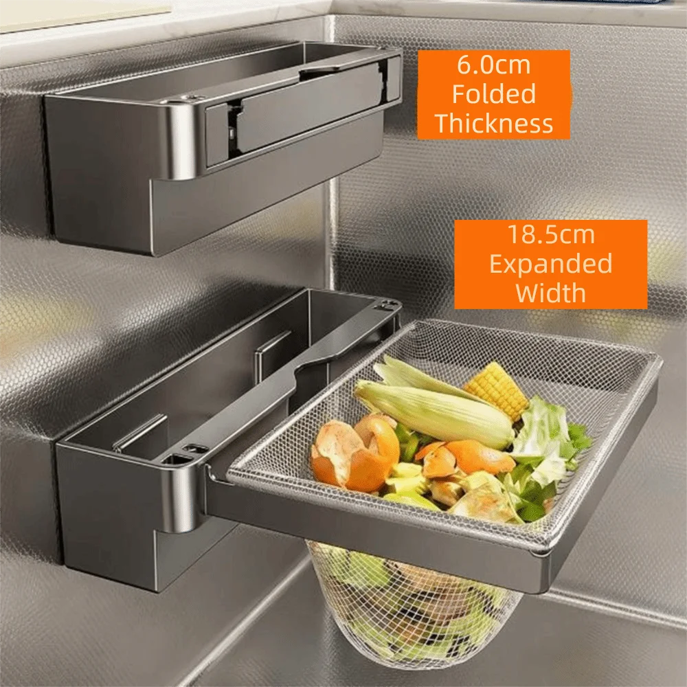 Steel Kitchen Sink Filter Rack Wall Mounted Space Saving Sink Food Strainer Folding with 50PCS Filter Mesh Bag