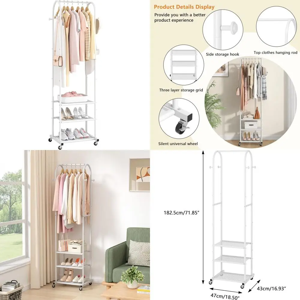 

Прочная передвижная вешалка для одежды с 3 полками, 71,8 дюйма, для подвешивания одежды, подходит для небольших помещений, белая