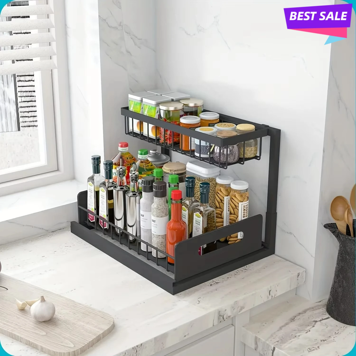 Double Layer Pull Out Under Sink Storage Basket Kitchen Cabinet Organizer Space Saving Household Kitchen Storage Arrangement