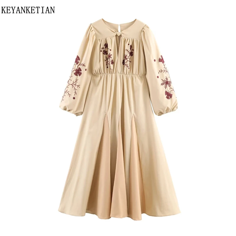 

KEYANKETIAN Spring New Women's Round Neck Hollowed Out Embroidered Pleated Contrasting Splicing Dress Casual A-line Long Skirt