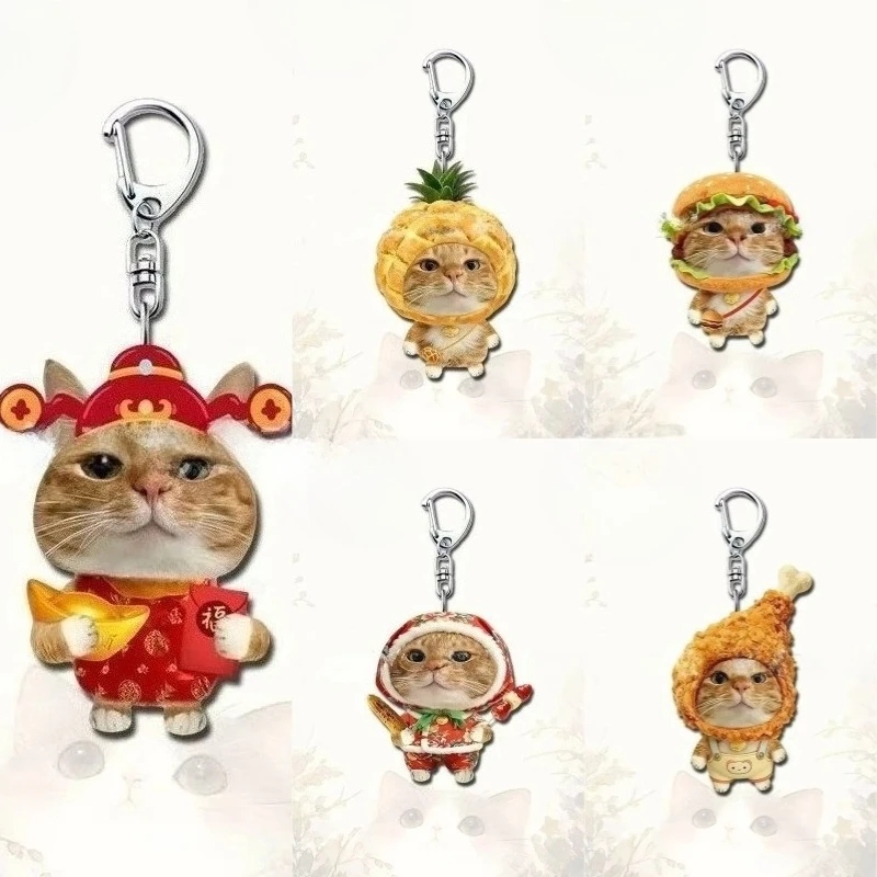 Funny Cat Expression Acrylic Keychain Cute Food Kitten Pendant with Hamburger Chicken Pineapple Dumpling Hat Bag Charm for Decor