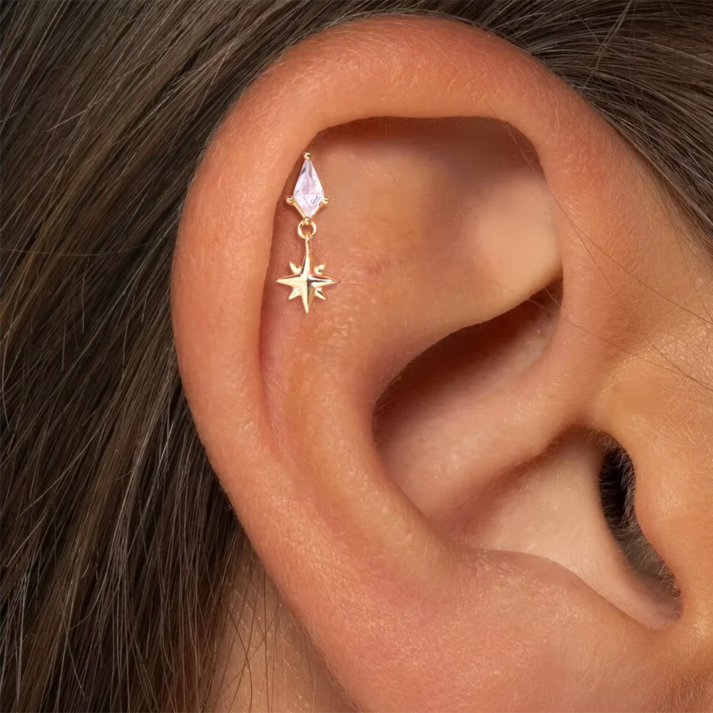 AIDE 925 Sterling Silver Shiny Star Pendant Tassel For Women Flat Back Vertical Octagonal Star Piercing Earring Fine Jewelry