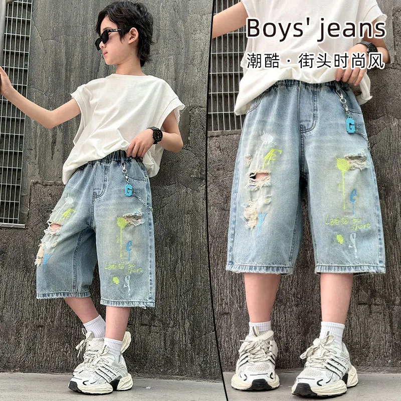 Boys' Summer Hole Denim Shorts with Drawing Kids Trendy Ripped Casual Short Jeans New Handsome Cool Children's Capris Pants