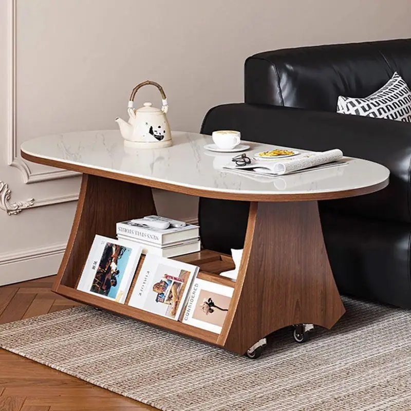 Movable coffee table, small cart, living room small to medium-sized sintered stone tea table, oval storage table