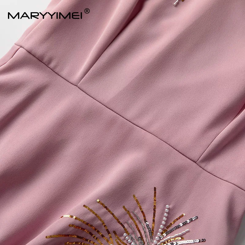 MARYYIMEI Elegancka Sukienka Damska na Imprezę Studniówkową Krótki Rękaw Koraliki Wyszczuplająca Sukienka Jednolita Wiosna Lato 2025 Nowość