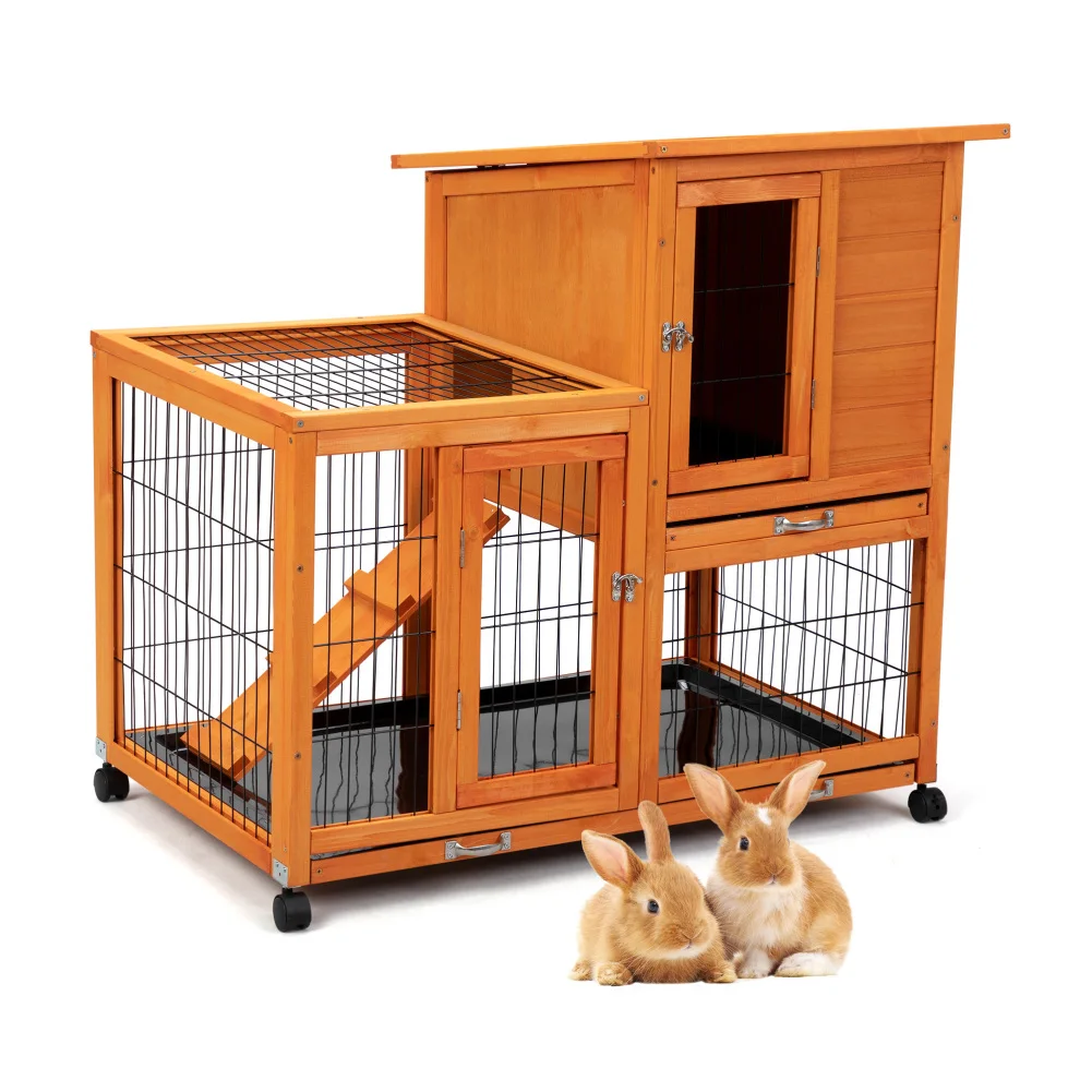 Detachable Rabbit Hutch With Removable Tray Rolling Casters Waterproof Rabbit Cage Indoor Outdoor Wooden Rabbit Hutch With Run