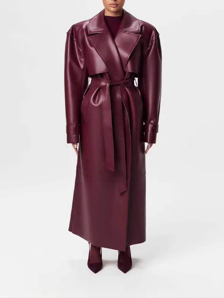 New European-style women's fashion: a versatile and stylish long leather coat with a flattering, figure-slimming design.