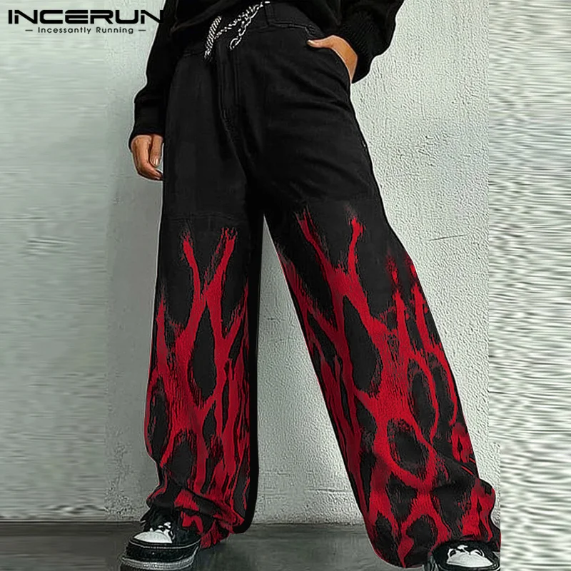 INCERUN 2024 American Style Trousers Stylish Men's Funny Printed Mesh Pattern Long Pants Leisure Hot Sale Straight Leg Pantalons