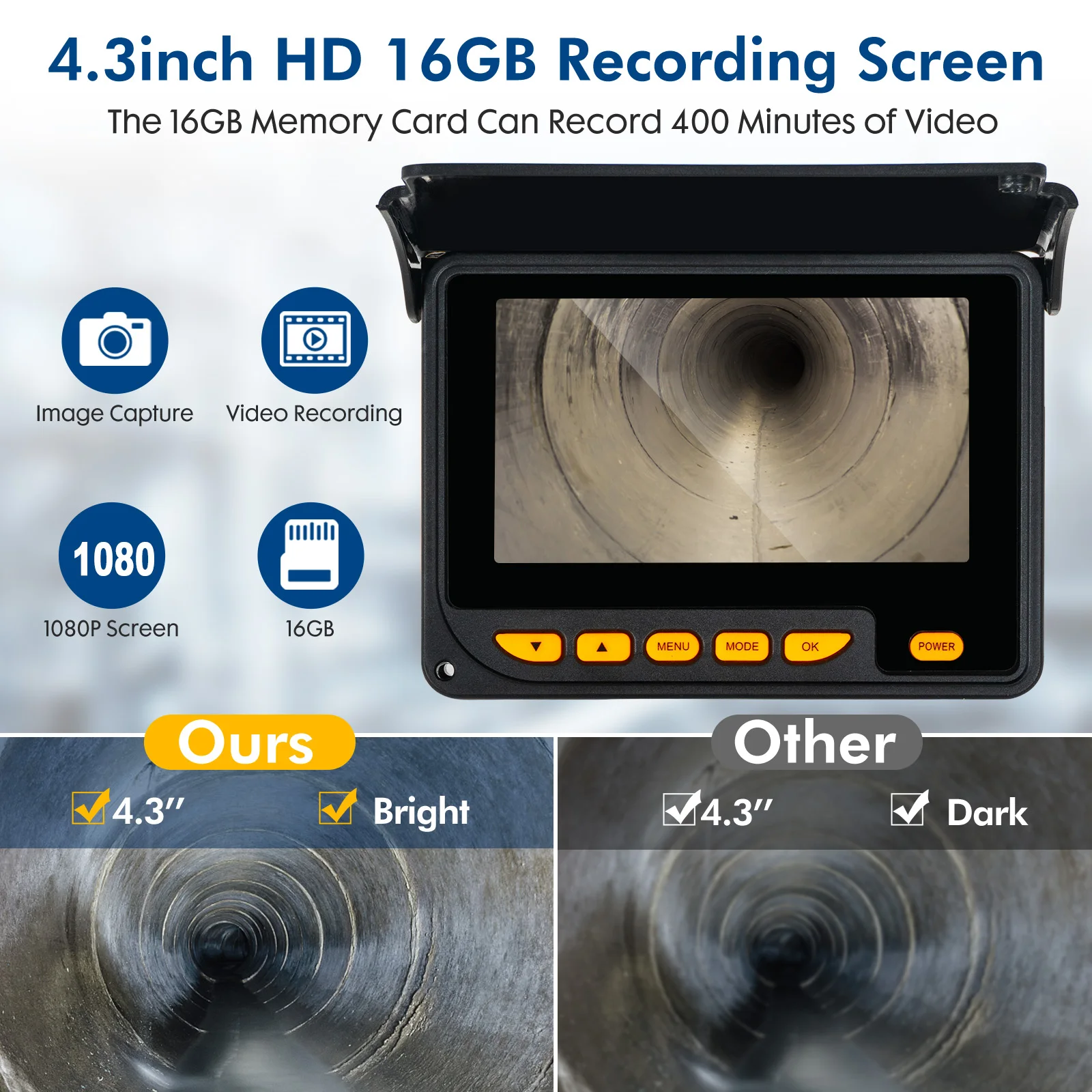 SYANSPAN 4.3-Inch Sewer Camera Pipeline Inspection Camera 16GB DVR 8500mAh Battery 10m-50m Cable