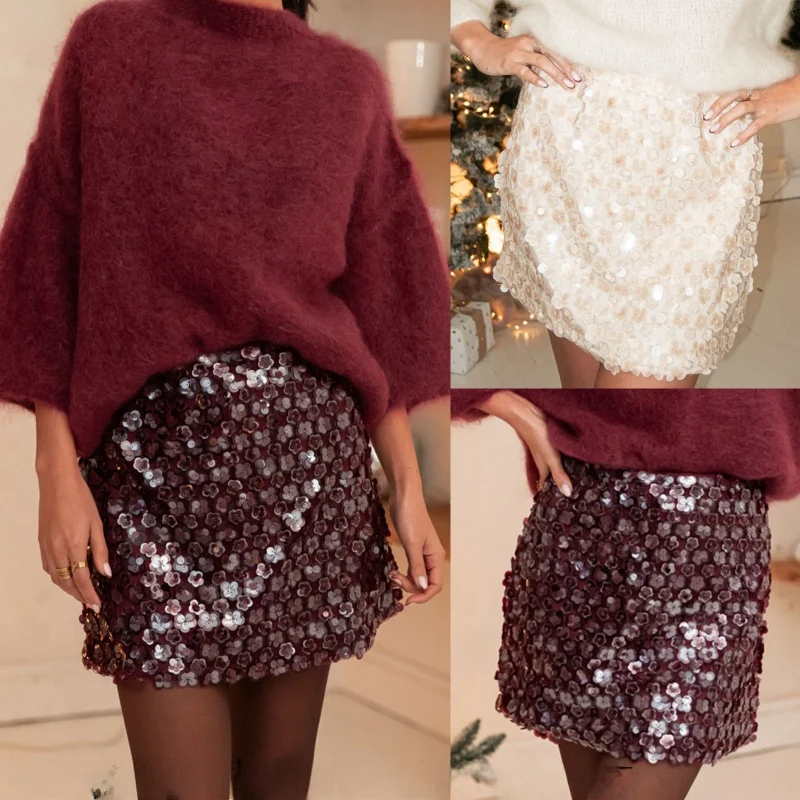 

Блестящая кружевная футболка с пайетками, женский сексуальный укороченный топ для вечеринок, вечерний топ с блестящими бусинами, юбка-полусолнце со средней талией, хлопковая смесь, сшитая из разных тканей