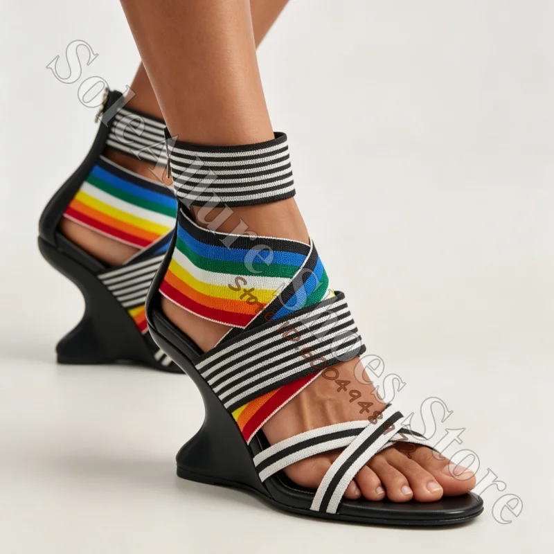 Rainbow Elastic Strap Sculptural Wedge Sandals Black Unique Curved Heel Multi Wrap Stretch Ribbon Design Festival Women Sandals