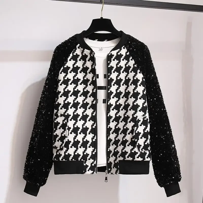 Solto frisado Baseball Uniforme Casaco, Houndstooth Leopard Splicing, Lantejoulas Bomber Jacket, Zipper Streetwear, Colheita Tops, Cardigan, Outono