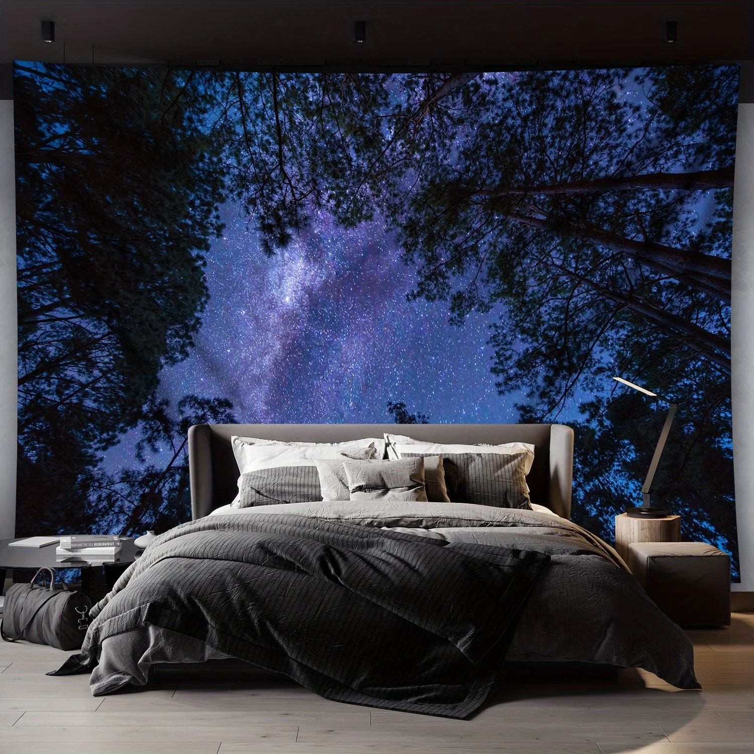 Starry Night Sky and Forest Mural for Bedroom Decor, Transforming Your Space into a Tranquil Retreat with the Beauty of Nature