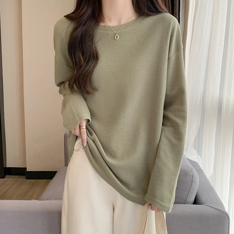 Make firm offers matcha green long-sleeved T-shirt girl in autumn and winter paragraph waffle round collar render unlined upper